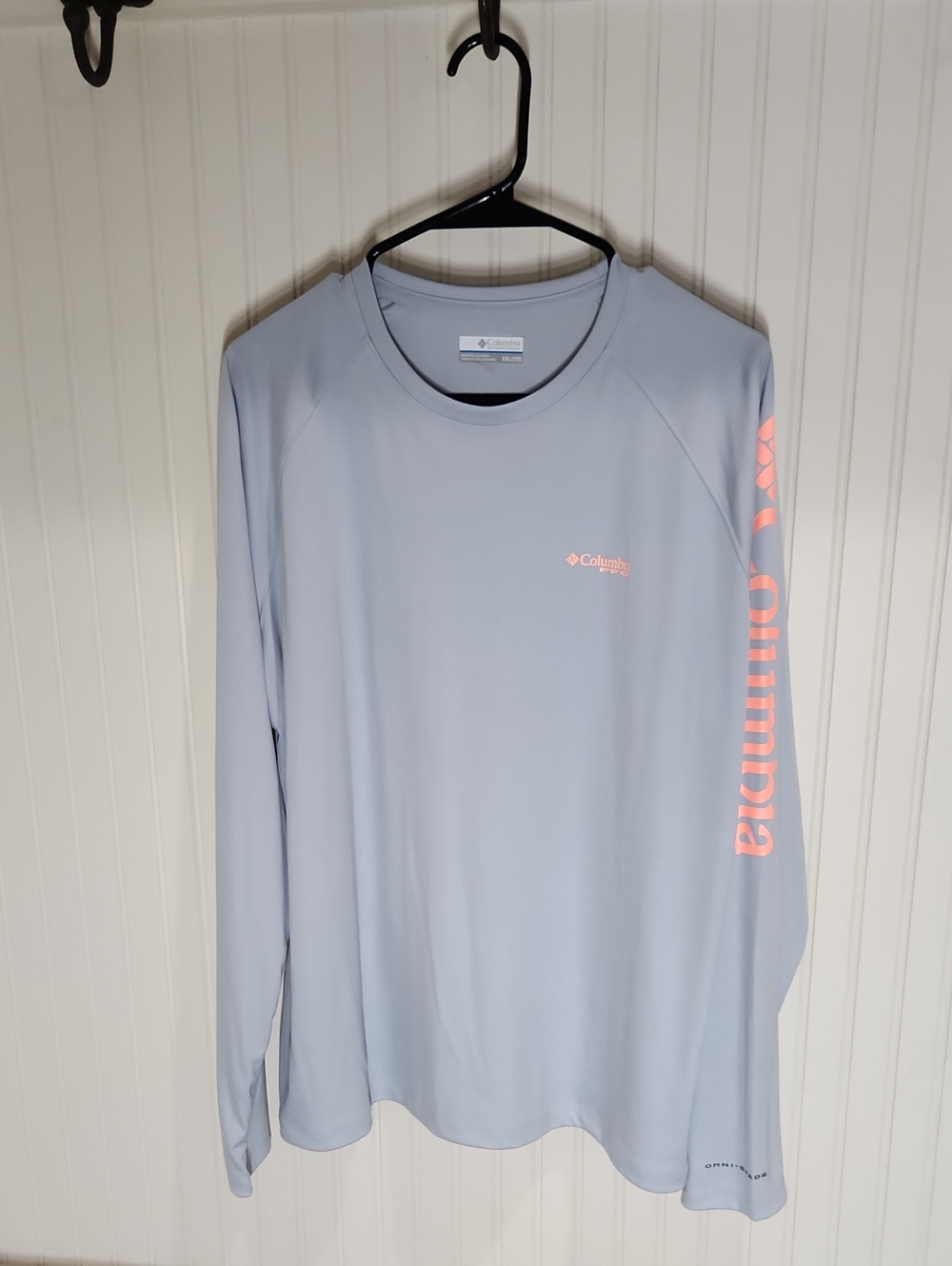 Columbia Light Blue Long Sleeve Crew with Pink Sleeve Logo